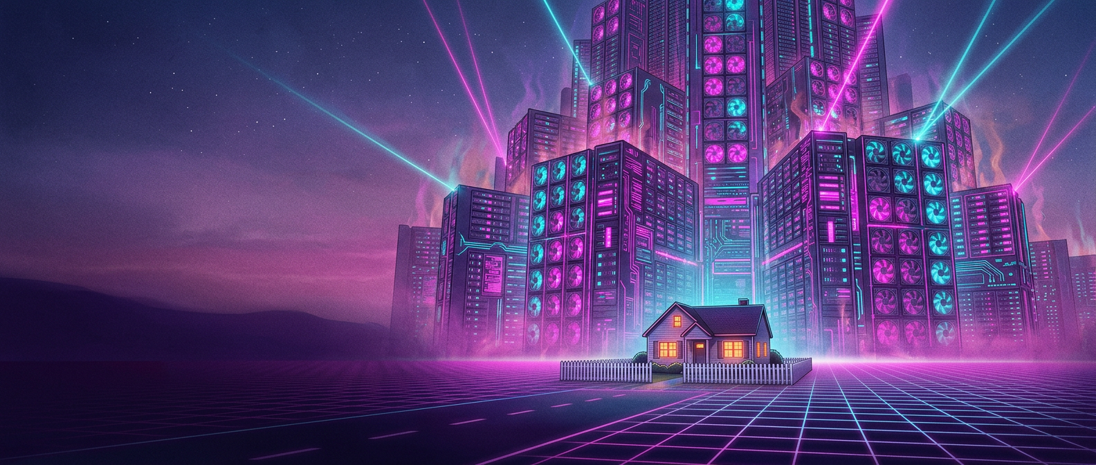 A giant glowing data center towering over a small house under a synthwave sky